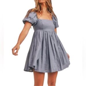 EUC MABLE Mini Dress Linen Blend Blue Puff Sleeve Blue Gray BabyDoll Small